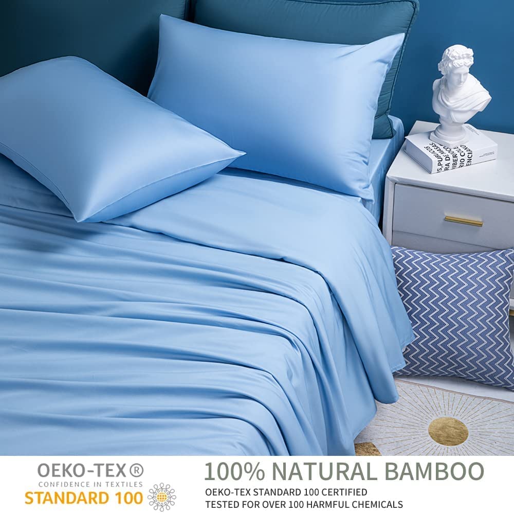 Shilucheng 100% Cooling Bamboo_ Sheets Set- Cal King Size 1800 Thread Count Soft Bed Sheets,16 Inch Deep Pocket,Breathable,Comfortable And Pilling Resistant -4Pc (Lake Blue, California King)
